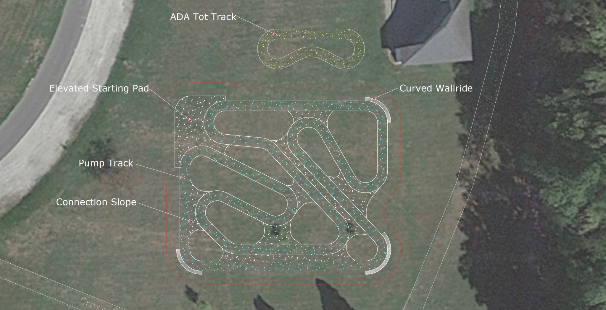 Detailed Pump Track Layout showing ADA Tot Track, Main Pump Track, Elevated Starting Pad, Curved Wallride, and Connection Slope